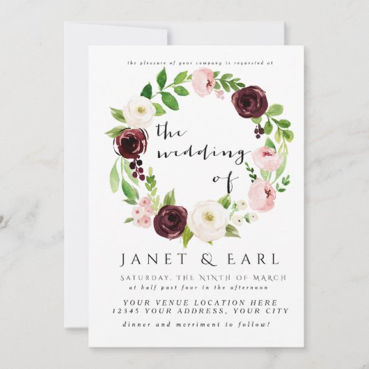 Invitations de mariage floral de Bourgogne rose (Devant)