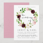 Invitations de mariage floral de Bourgogne rose (Devant / Derrière)
