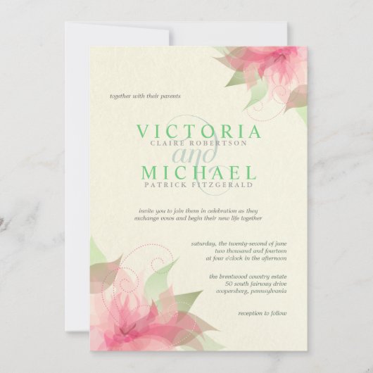 Invitations de mariage floral de Pink Green Ecru (Devant)
