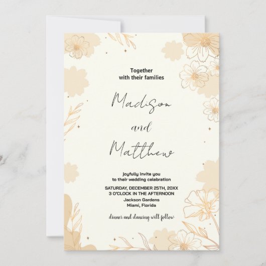 Invitations De Mariage Floral D'Or (Devant)