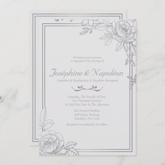 Invitations de mariage floral gris argent (Devant / Derrière)