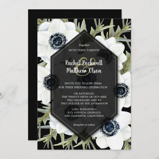Invitations de mariage floral noir et blanc (Devant / Derrière)