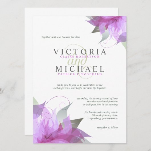 Invitations de mariage floral pourpre à l'orchidée (Devant / Derrière)