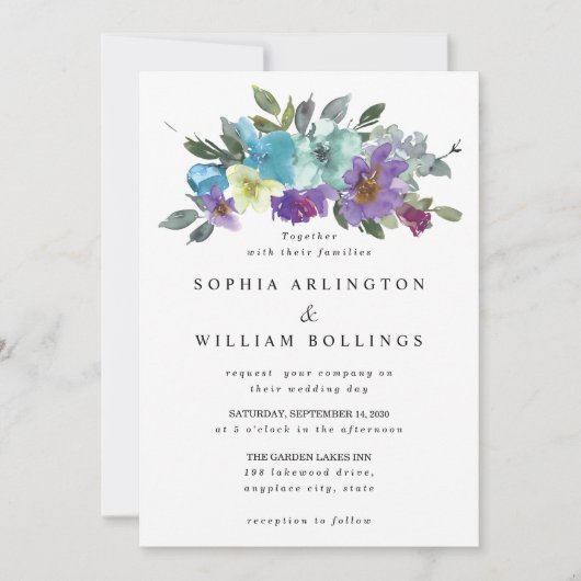 Invitations de mariage floral pourpre et Turquoise (Devant)