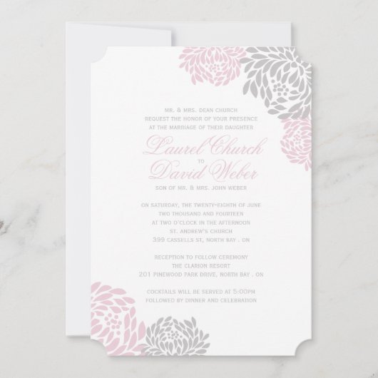 Invitations de mariage floral rose et gris (Devant)