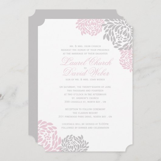 Invitations de mariage floral rose et gris (Devant / Derrière)