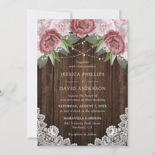 Invitations de mariage floral rose rousse en bois (Devant)