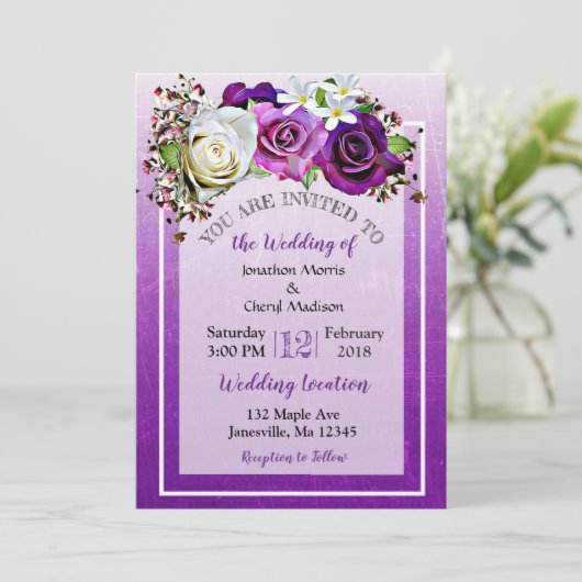 Invitations de mariage floral Rose violet (Debout devant)