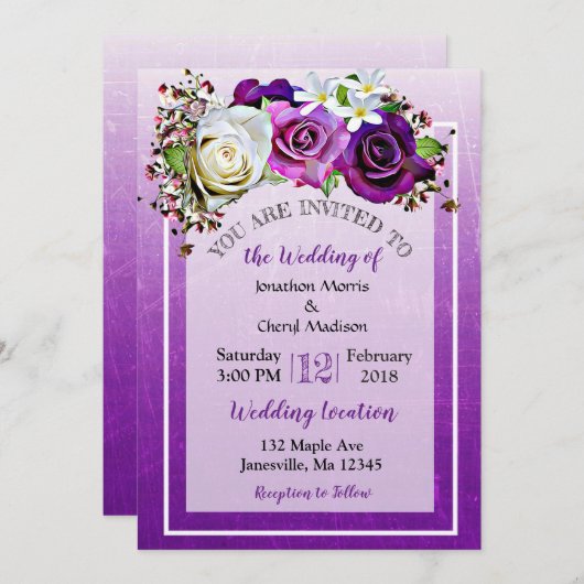 Invitations de mariage floral Rose violet (Devant / Derrière)