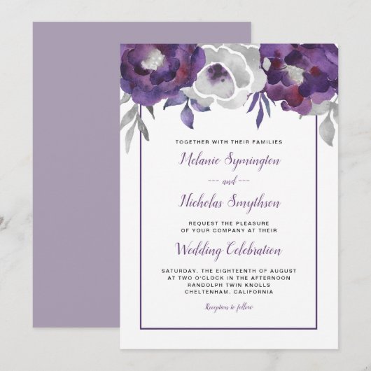 Invitations de mariage florales violettes modernes (Devant / Derrière)
