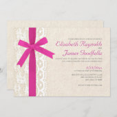 Invitations de mariage Fuchsia Bow & dentelle (Devant / Derrière)