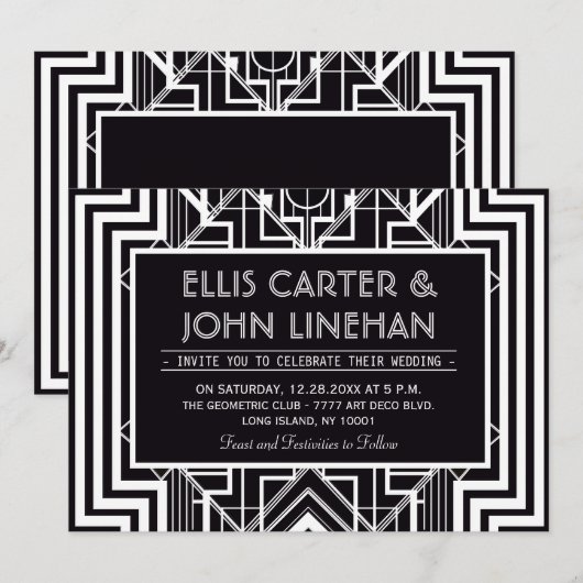 Invitations de mariage géométriques noires (Devant / Derrière)