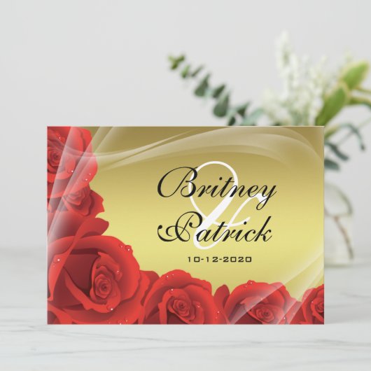 Invitations de mariage Gold & Red Rose (Debout devant)