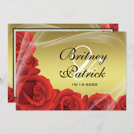 Invitations de mariage Gold & Red Rose (Devant / Derrière)