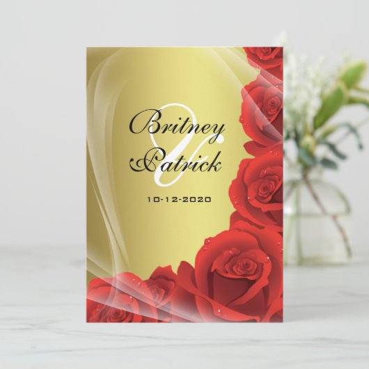 Invitations de mariage Gold & Red Rose (Debout devant)