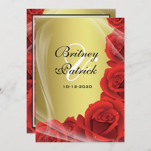 Invitations de mariage Gold & Red Rose (Devant / Derrière)