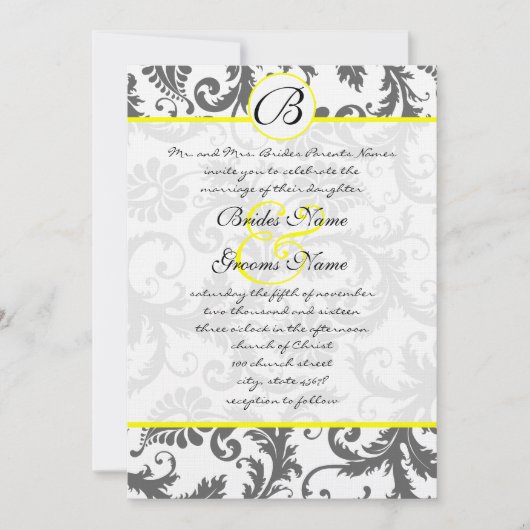 Invitations de mariage gris et jaune au charbon (Devant)