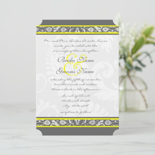 Invitations de mariage gris et jaune coupé (Debout devant)