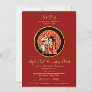 Invitations de mariage hindou Red Gold Cartoon Cou