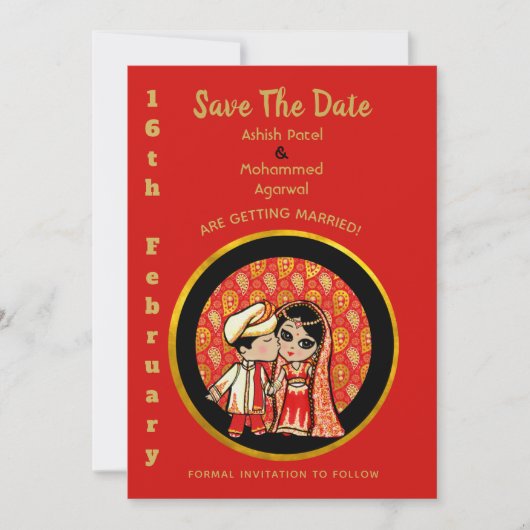Invitations de mariage hindou Red Gold Cartoon Cou (Devant)