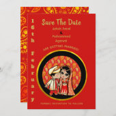 Invitations de mariage hindou Red Gold Cartoon Cou (Devant / Derrière)