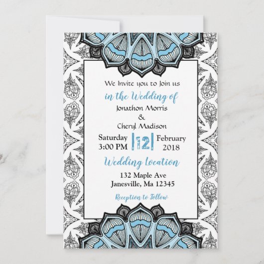 Invitations de mariage Mandala bleu, noir et blanc (Devant)