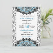 Invitations de mariage Mandala bleu, noir et blanc (Debout devant)