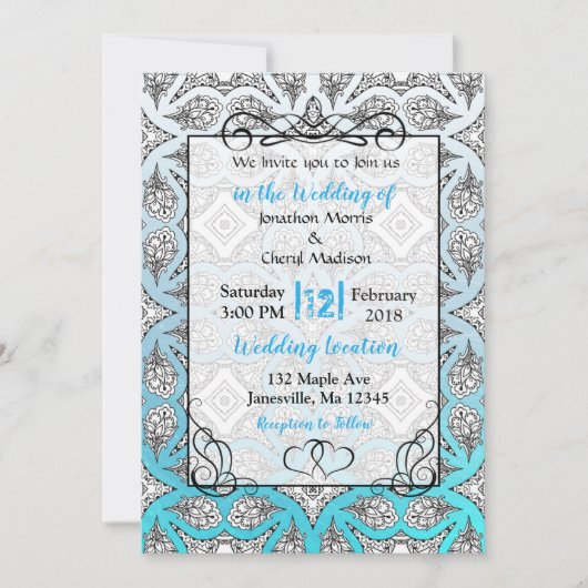 Invitations de mariage Mandala bleu, noir et blanc (Devant)