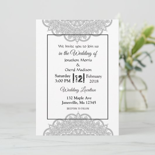 Invitations de mariage Mandala noir et blanc (Debout devant)