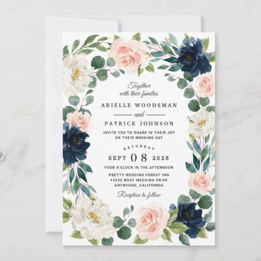 Invitations de mariage marine et rose pâle (Devant)