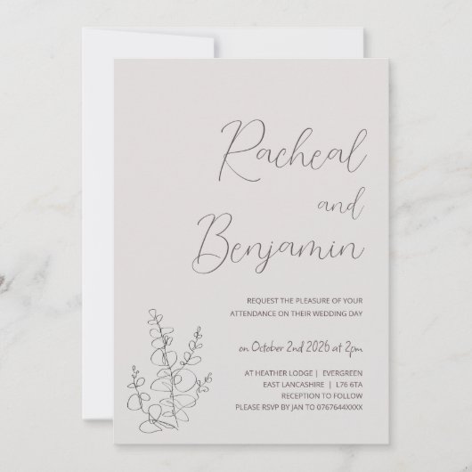 Invitations de mariage minimaliste beige botanique (Devant)