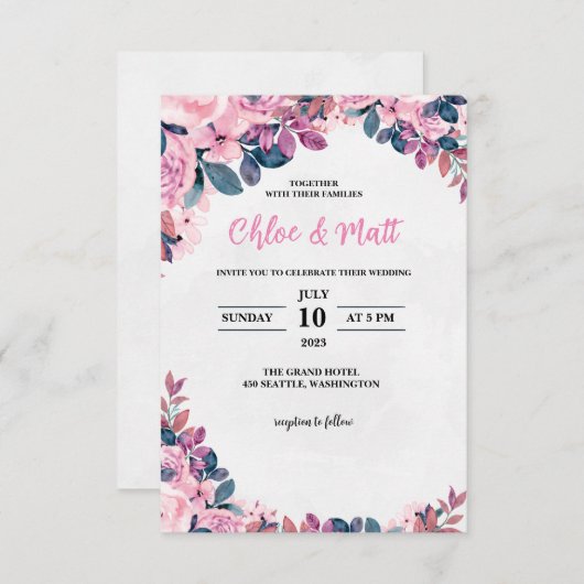 INVITATIONS DE MARIAGE modèle EN LIGNE FLEURS ÉLÉG (Devant / Derrière)