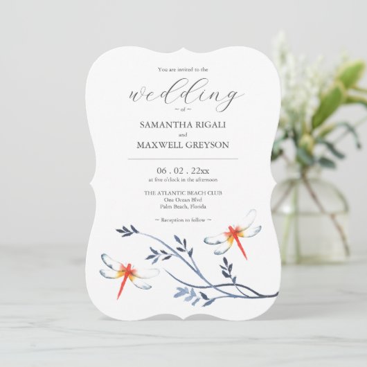 Invitations de mariage Modèle libellules rouges (Debout devant)