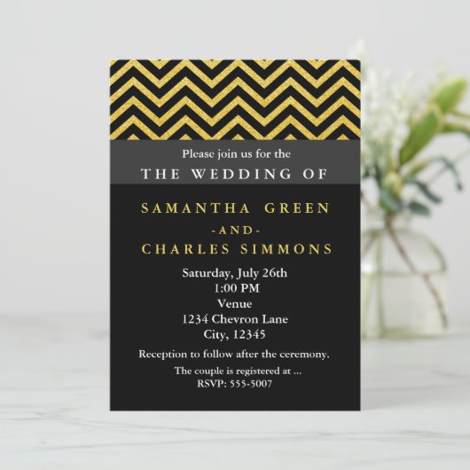 Invitations de mariage moderne Chevron Black & Gol (Debout devant)