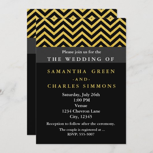 Invitations de mariage moderne Chevron Black & Gol (Devant / Derrière)
