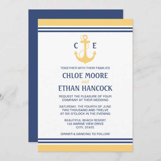 Invitations De Mariage Nautique Jaune (Devant / Derrière)