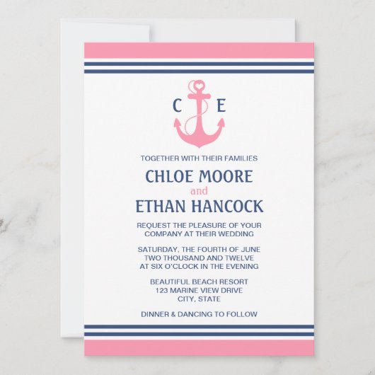 Invitations de mariage nautique rose (Devant)