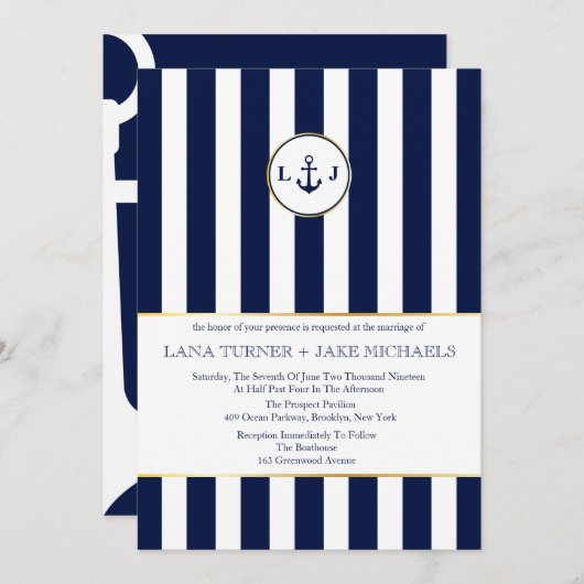 Invitations De Mariage Nautiques À La Marine (Devant / Derrière)
