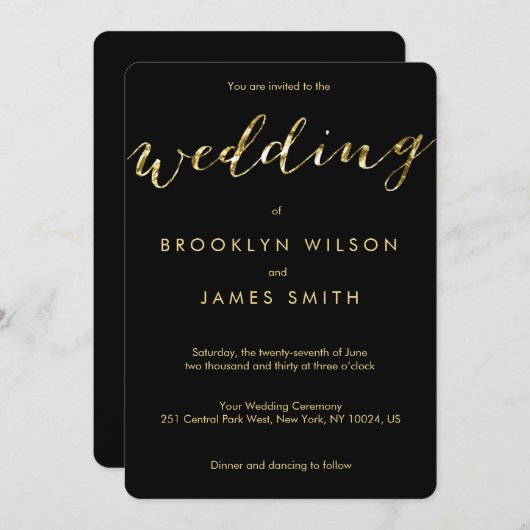 Invitations De Mariage Noir Arrondi Avec Huile D'O (Devant / Derrière)