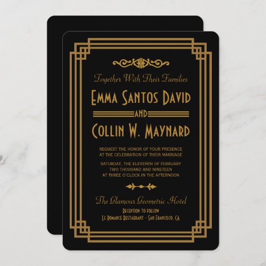 Invitations de mariage noir Art déco simple (Devant / Derrière)