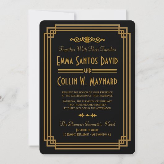 Invitations de mariage noir Art déco simple (Devant)