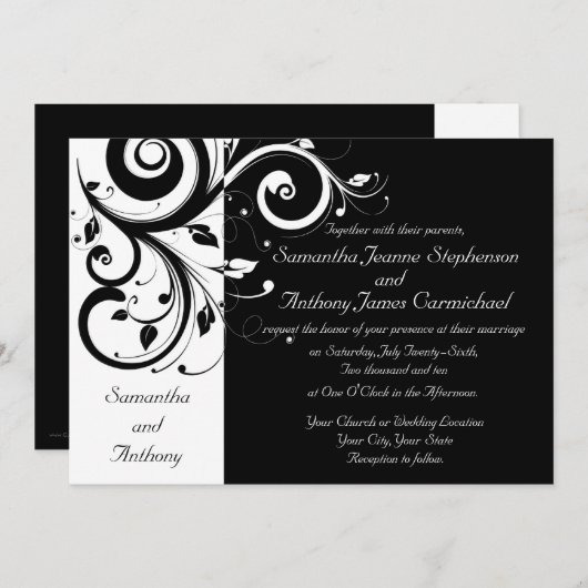 Invitations de mariage noir + blanc inverse (Devant / Derrière)