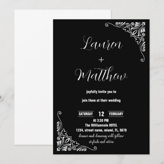 Invitations de mariage noir et blanc (Devant / Derrière)