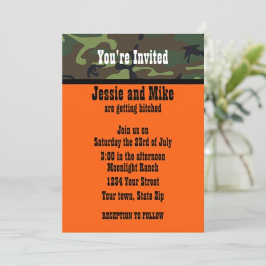 Invitations de mariage orange Camo et Hunter (Debout devant)