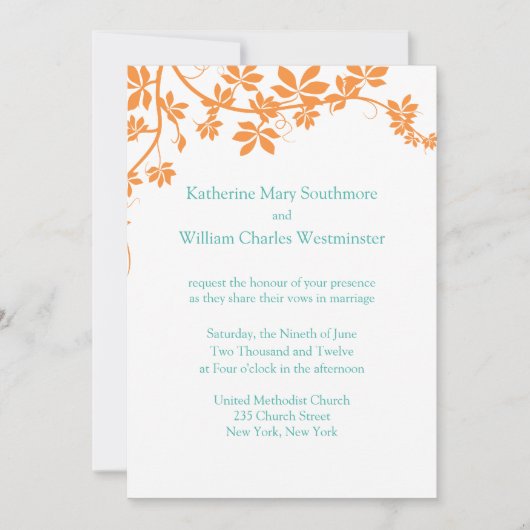 Invitations De Mariage Orange Et Turquoise (Devant)