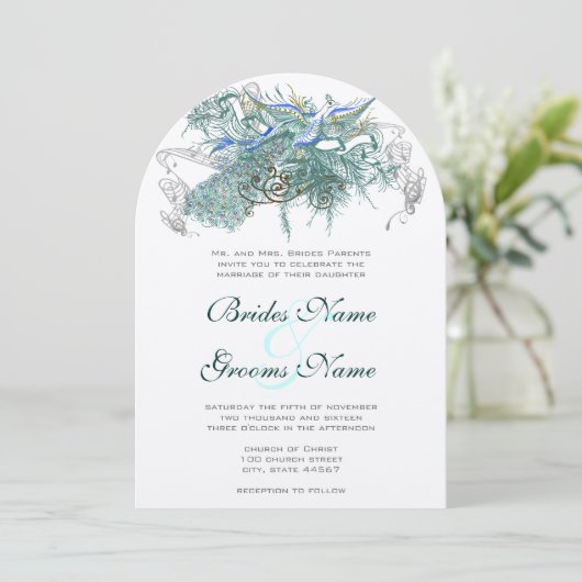Invitations de mariage Peacock vintage (Debout devant)
