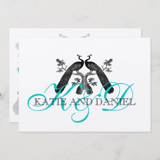 Invitations de mariage Peacocks Monogramme Argent (Devant / Derrière)