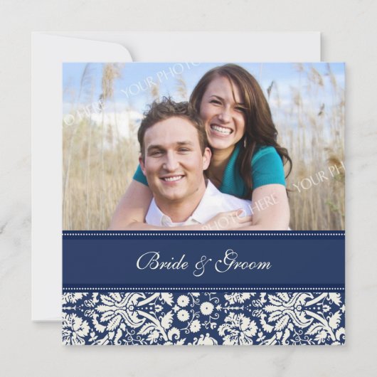Invitations de mariage photo Crème bleue Damas (Devant)