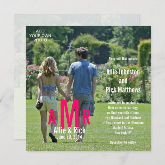 Invitations de mariage photo Trois Monogrammes ros (Devant / Derrière)