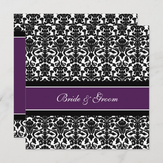Invitations de mariage Plum Noir Blanc Damas (Devant / Derrière)